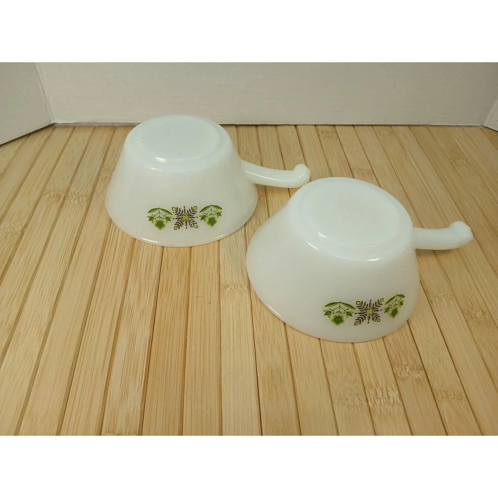 Vintage Fire-King Meadow Green Milk Glass Chili Soup Bowls with Handles Set of 2